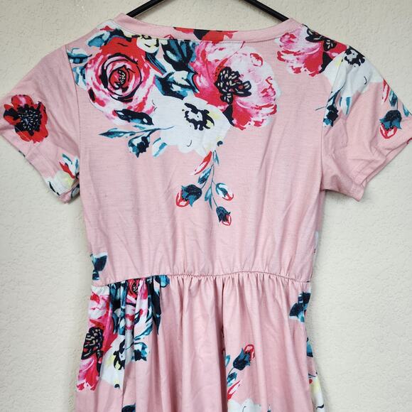 Pink Floral Stretchy Medium Midi Dress With Pockets - Picture 6 of 7